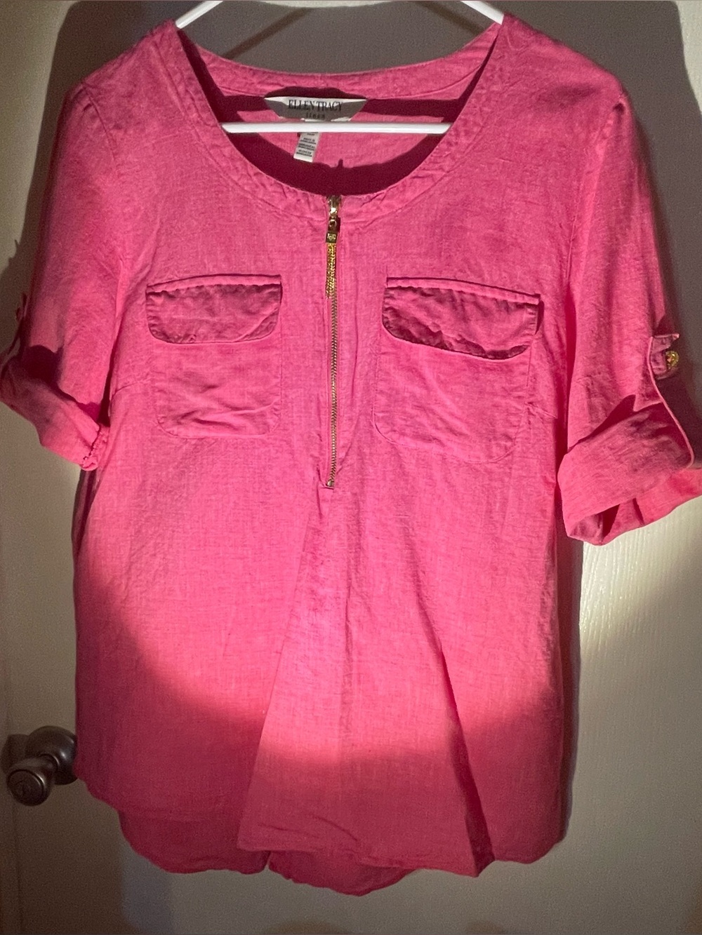 Ellen Tracy Hot Pink Linen Short Sleeve Zip Front Top